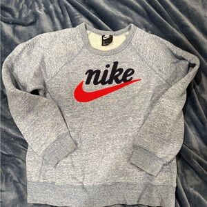 Nike Vintage Men's Heather Blue Crewneck Sweater with Red Swoosh